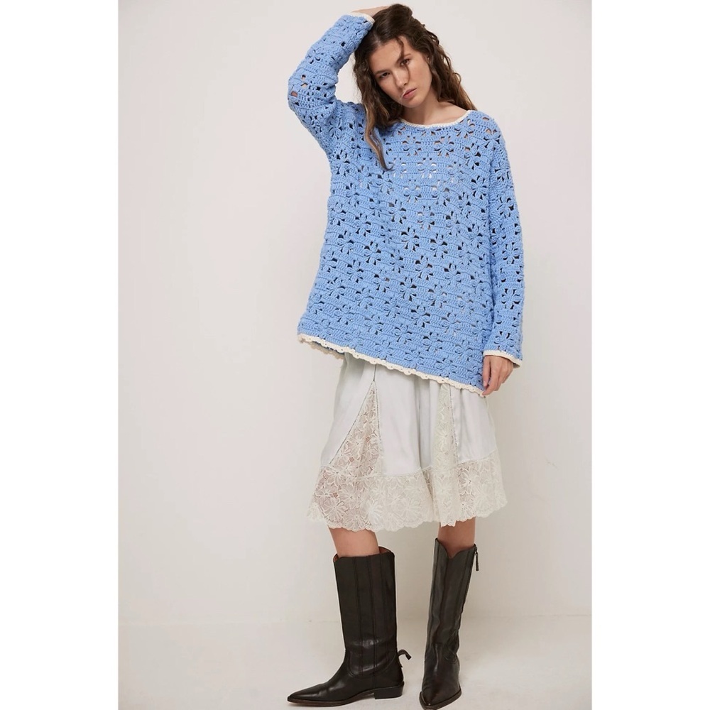 New Free People Crochet Knit Tunic Sweater Blue Floral XS - Picture 9 of 10